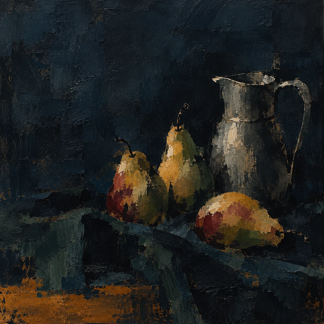 Three pears and a pewter jug on a dark cloth in black, brown; square artwork.