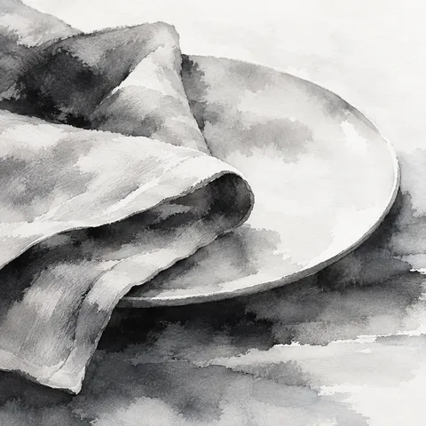 A folded linen napkin and a plate in white, cream, stone, charcoal; square artwork.