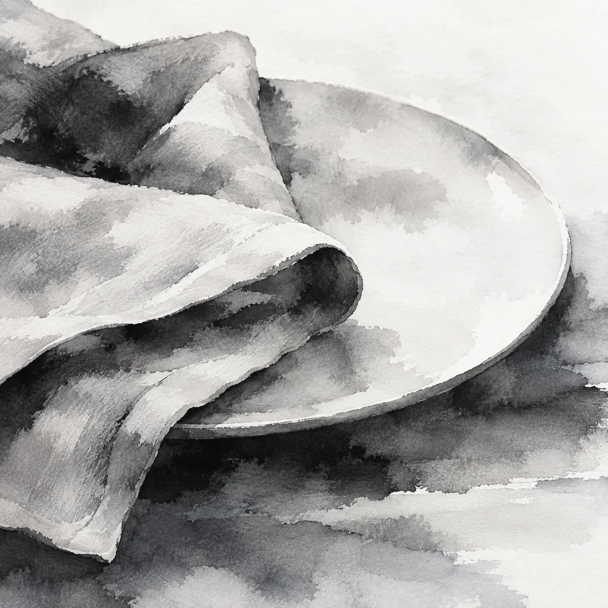 A folded linen napkin and a plate in white, cream, stone, charcoal; square artwork.
