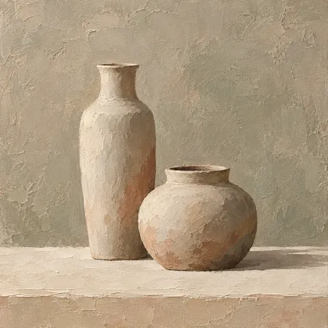 Two clay vessels, one tall one squat in sand, sage, cream, gray; square artwork.
