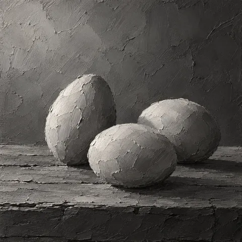 Three eggs on a wooden board in charcoal, gray, black, stone; square artwork.