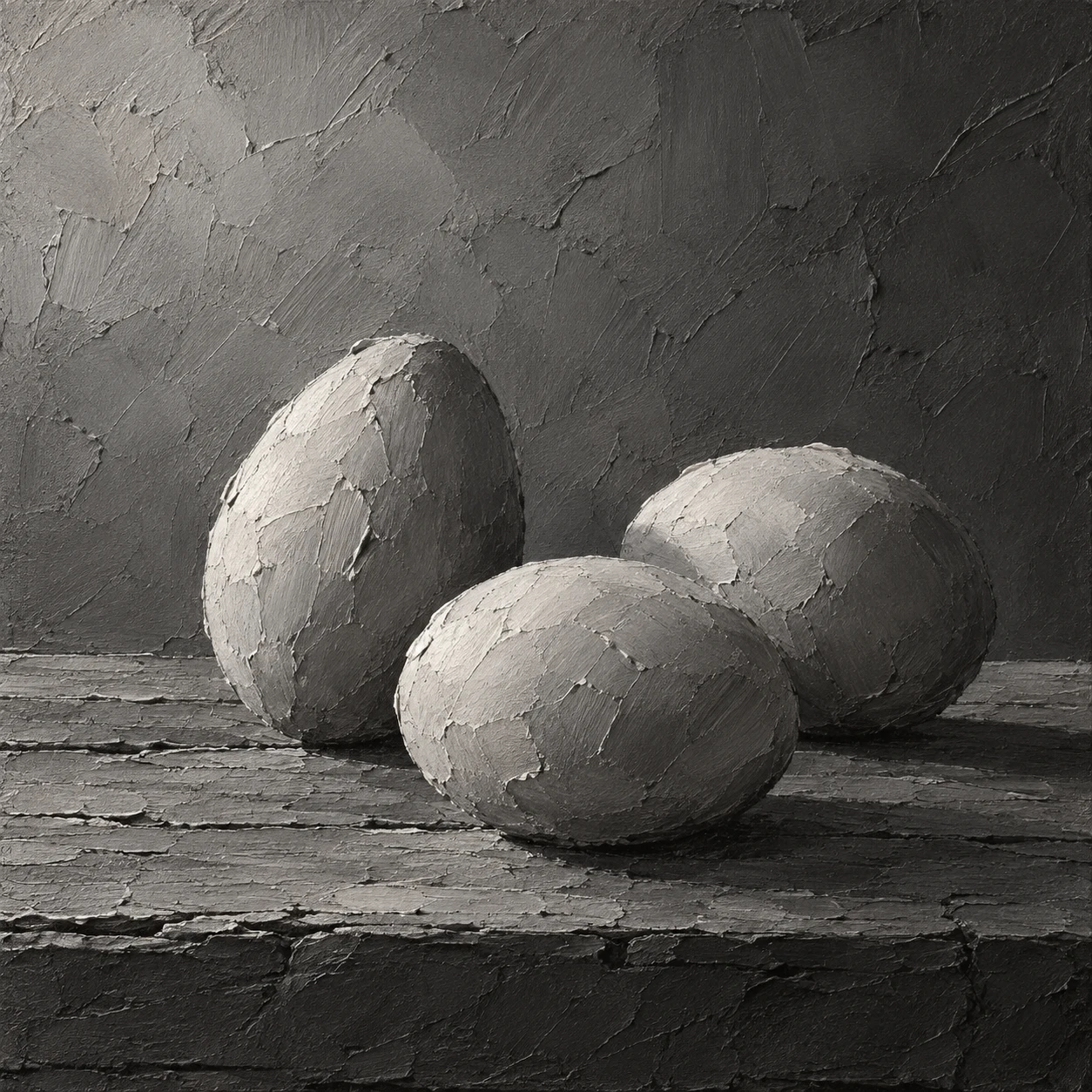 Three eggs on a wooden board in charcoal, gray, black, stone; square artwork.