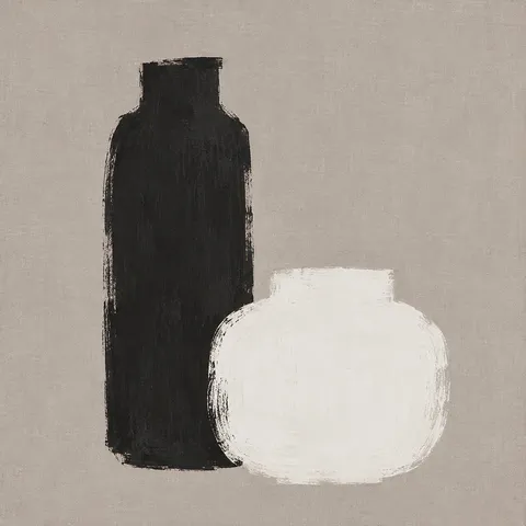 Two clay vessels, one tall one squat in stone, charcoal, cream, sand; square artwork.