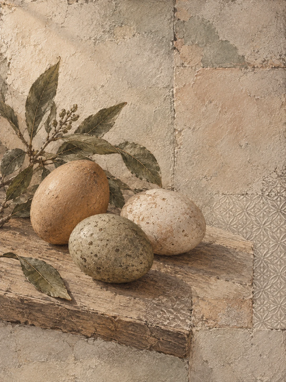 Three eggs on a wooden board in sand, taupe, gray, olive; portrait artwork.
