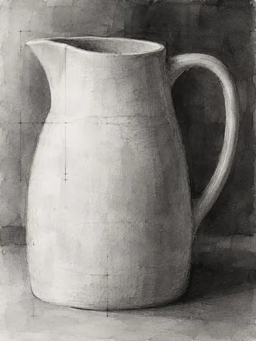 A single white jug against a shadowed wall in cream, charcoal, gray, black; portrait artwork.