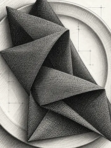 A folded linen napkin and a plate in charcoal, gray, white, black; portrait artwork.