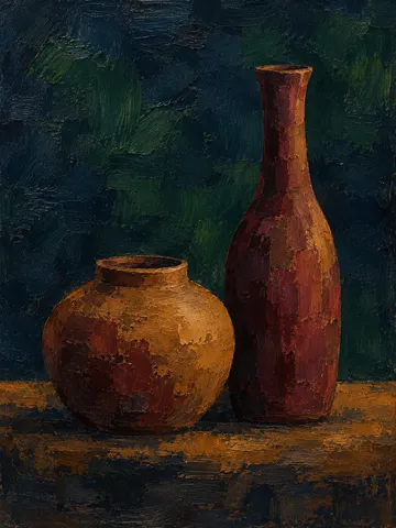 Two clay vessels, one tall one squat in black, rust; portrait artwork.