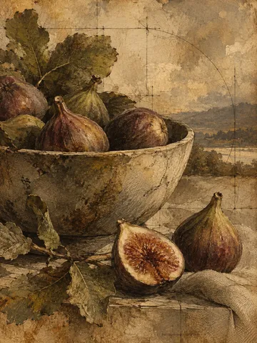 A bowl of figs in ochre, brown, burgundy, olive; portrait artwork.