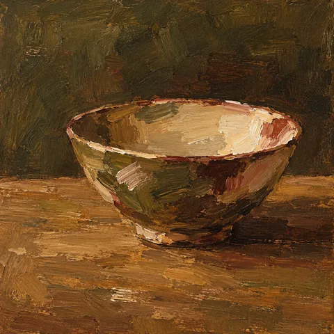 A single bowl on a plain table in burgundy, brown, terracotta, rust; square artwork.