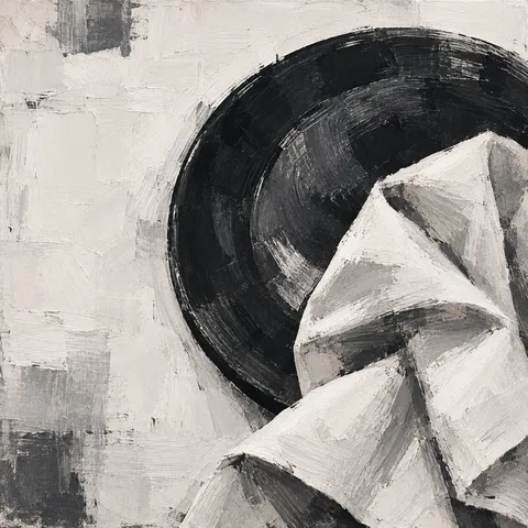 A folded linen napkin and a plate in cream, stone, black, charcoal; square artwork.