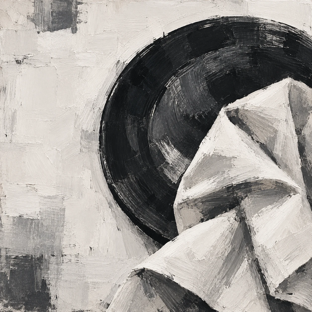 A folded linen napkin and a plate in cream, stone, black, charcoal; square artwork.