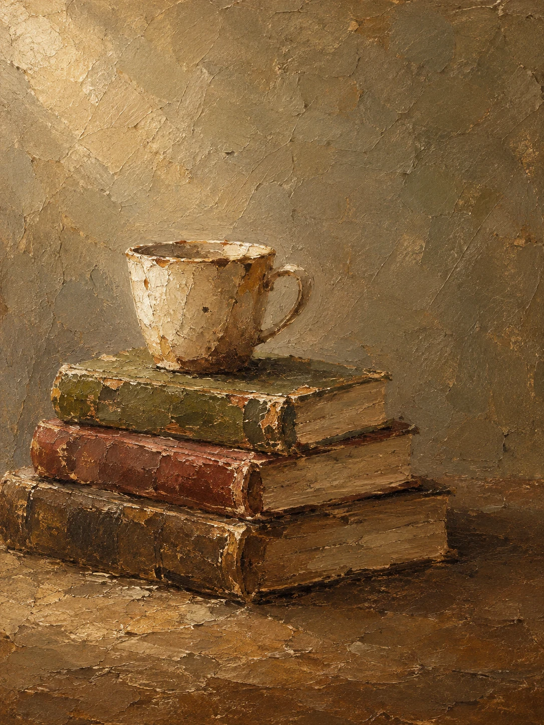 A stack of three books and a cup in brown, taupe, ochre, olive; portrait artwork.