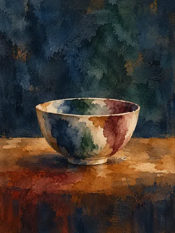 A single bowl on a plain table in black, navy, ochre, burgundy; portrait artwork.