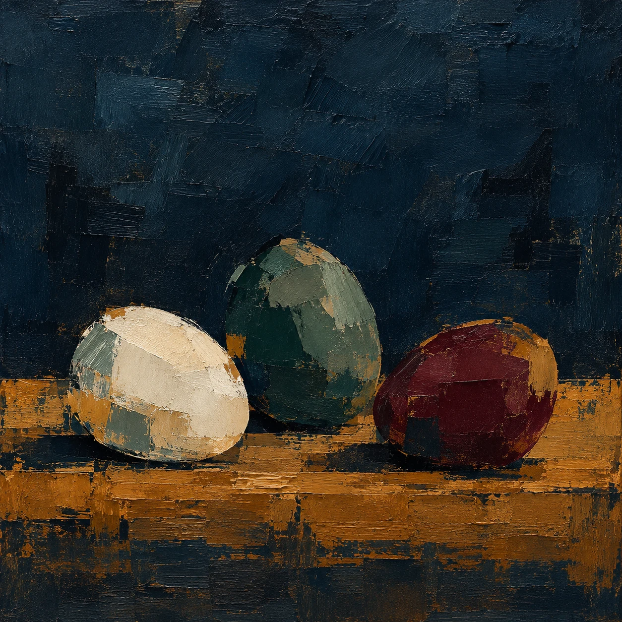 Three eggs on a wooden board in black, brown, taupe; square artwork.
