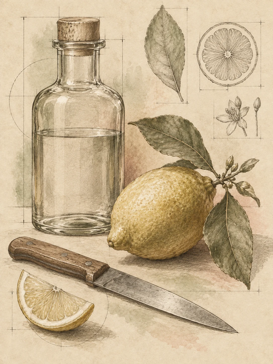 A bottle, a lemon and a knife in cream, stone, sage, olive; portrait artwork.