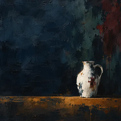 A single white jug against a shadowed wall in black, brown; square artwork.