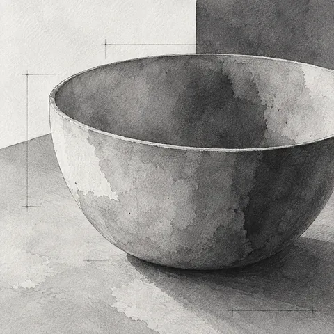 A single bowl on a plain table in gray, cream, stone, charcoal; square artwork.