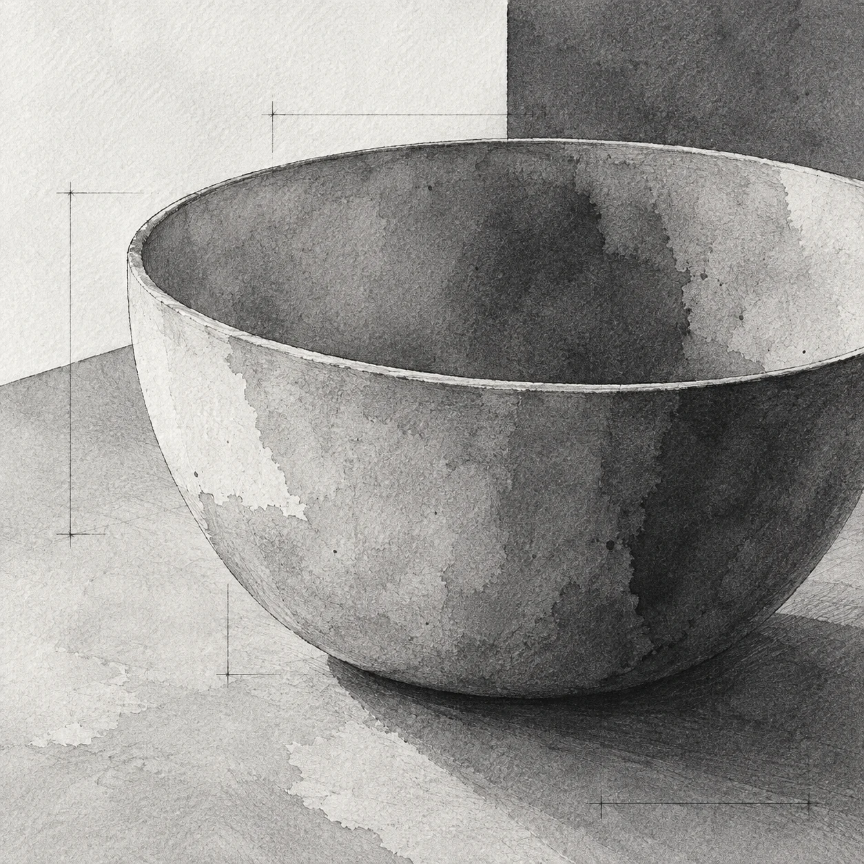 A single bowl on a plain table in gray, cream, stone, charcoal; square artwork.