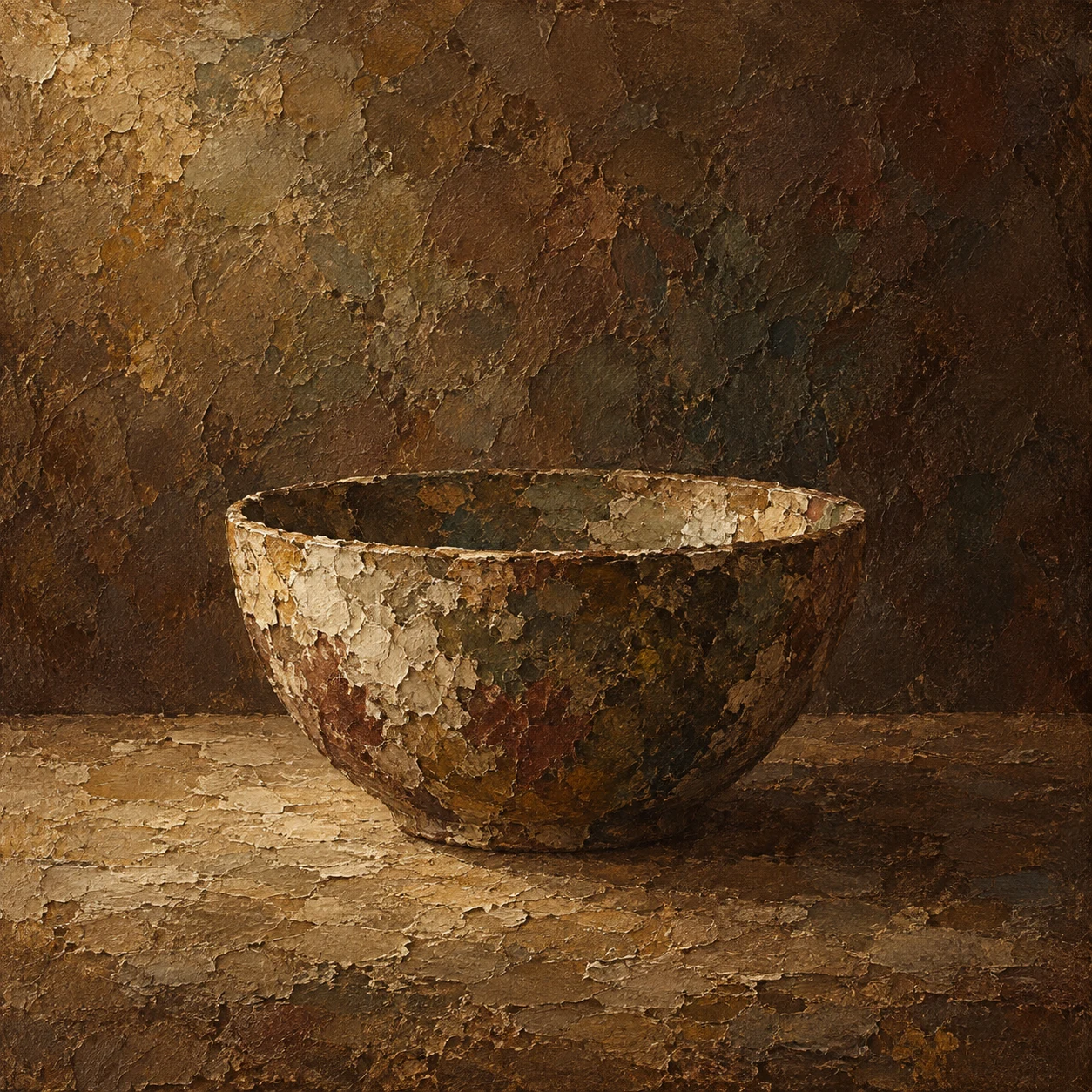 A single bowl on a plain table in brown, burgundy, black, olive; square artwork.