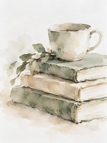 A stack of three books and a cup in white, stone, sand, cream; portrait artwork.