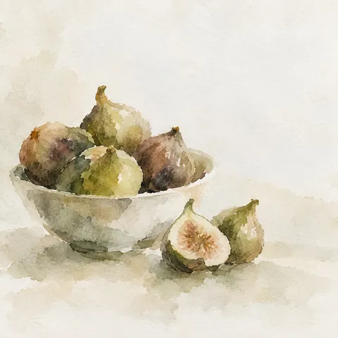 A bowl of figs in white, cream, sand, taupe; square artwork.
