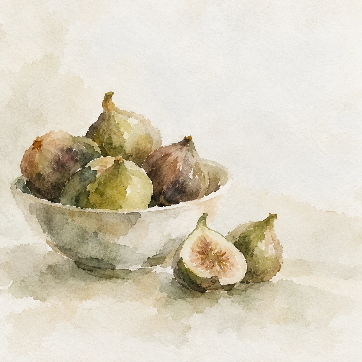 A bowl of figs in white, cream, sand, taupe; square artwork.