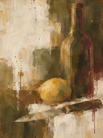 A bottle, a lemon and a knife in brown, cream, stone, ochre; portrait artwork.