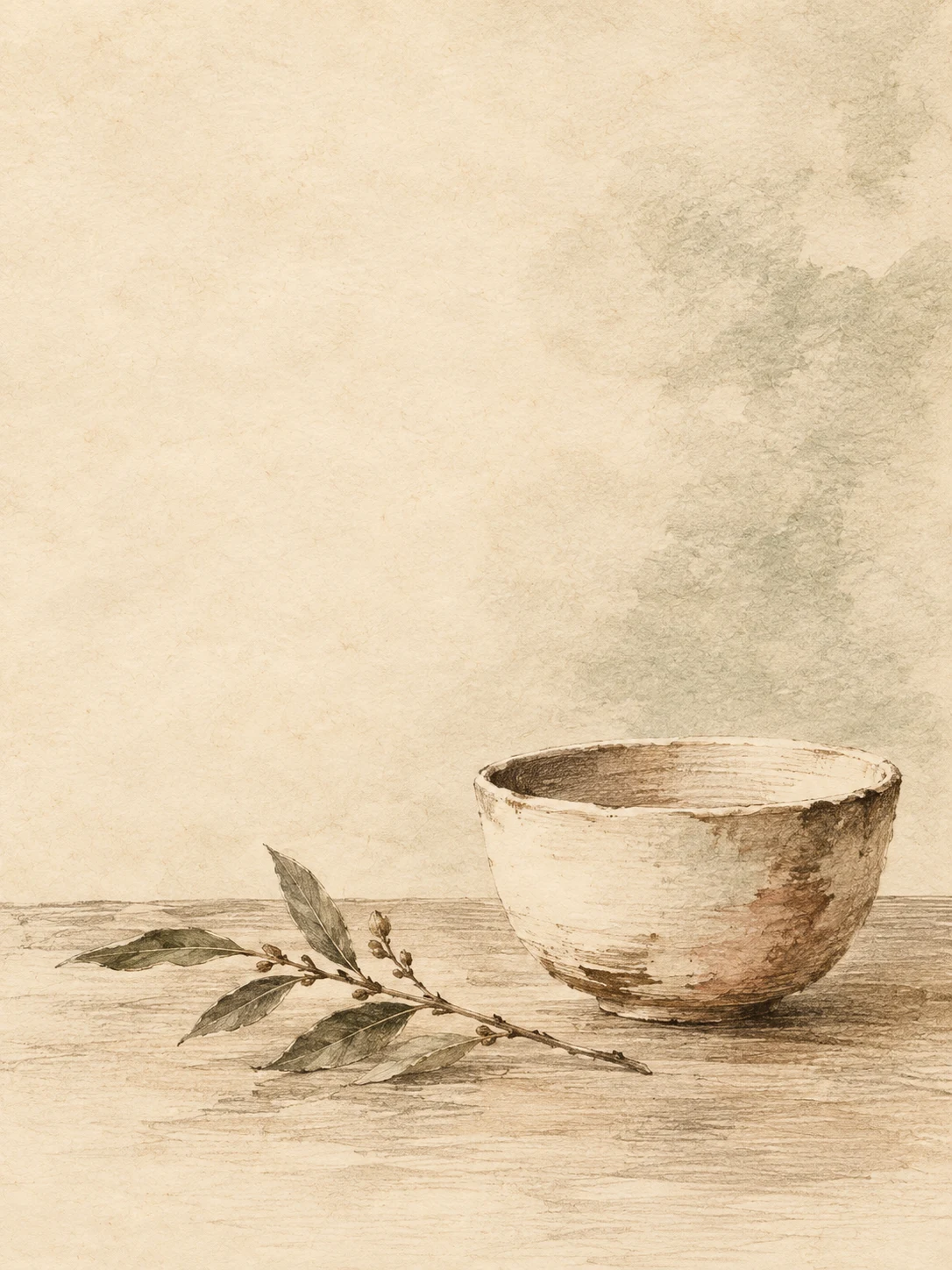 A single bowl on a plain table in cream, stone, sage; portrait artwork.