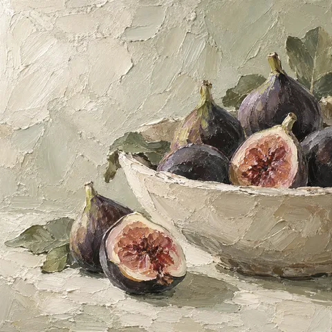 A bowl of figs in stone, cream, taupe, sand; square artwork.