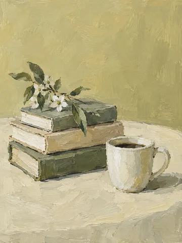 A stack of three books and a cup in sand, stone, sage, cream; portrait artwork.