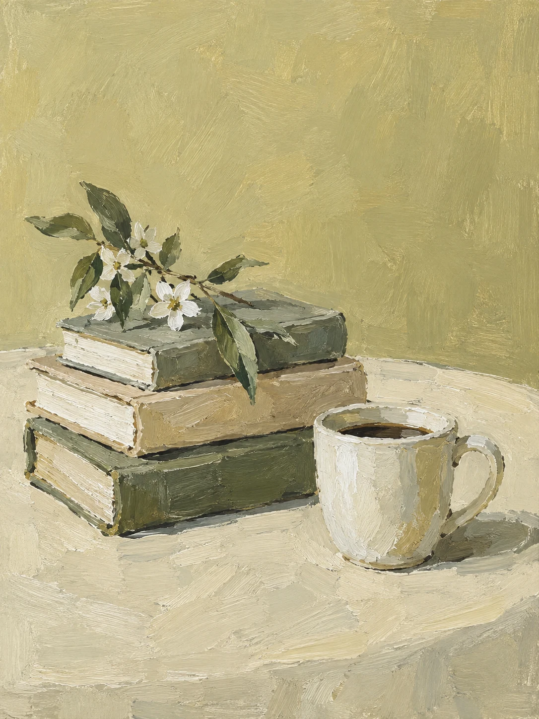 A stack of three books and a cup in sand, stone, sage, cream; portrait artwork.