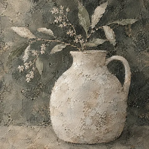 A single white jug against a shadowed wall in charcoal, sand, taupe, olive; square artwork.