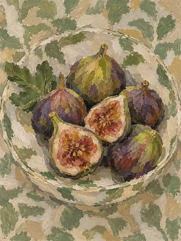 A bowl of figs in sand, taupe, olive, stone; portrait artwork.