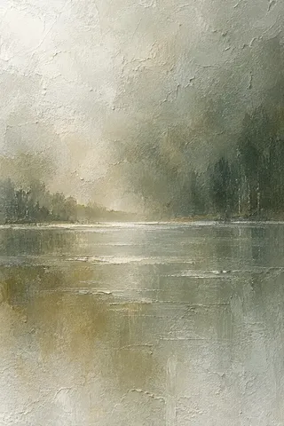 A still water surface as pure tonal bands in stone, sage, taupe, cream; portrait artwork.