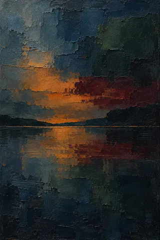 A lake at dusk, mirror still in black, navy, olive, brown; portrait artwork.
