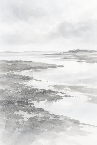 A tidal flat at low water in white, cream, stone, gray; portrait artwork.