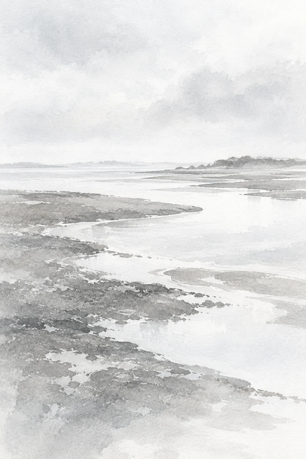 A tidal flat at low water in white, cream, stone, gray; portrait artwork.