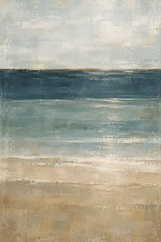 A still water surface as pure tonal bands in cream, sand, gray, stone; portrait artwork.