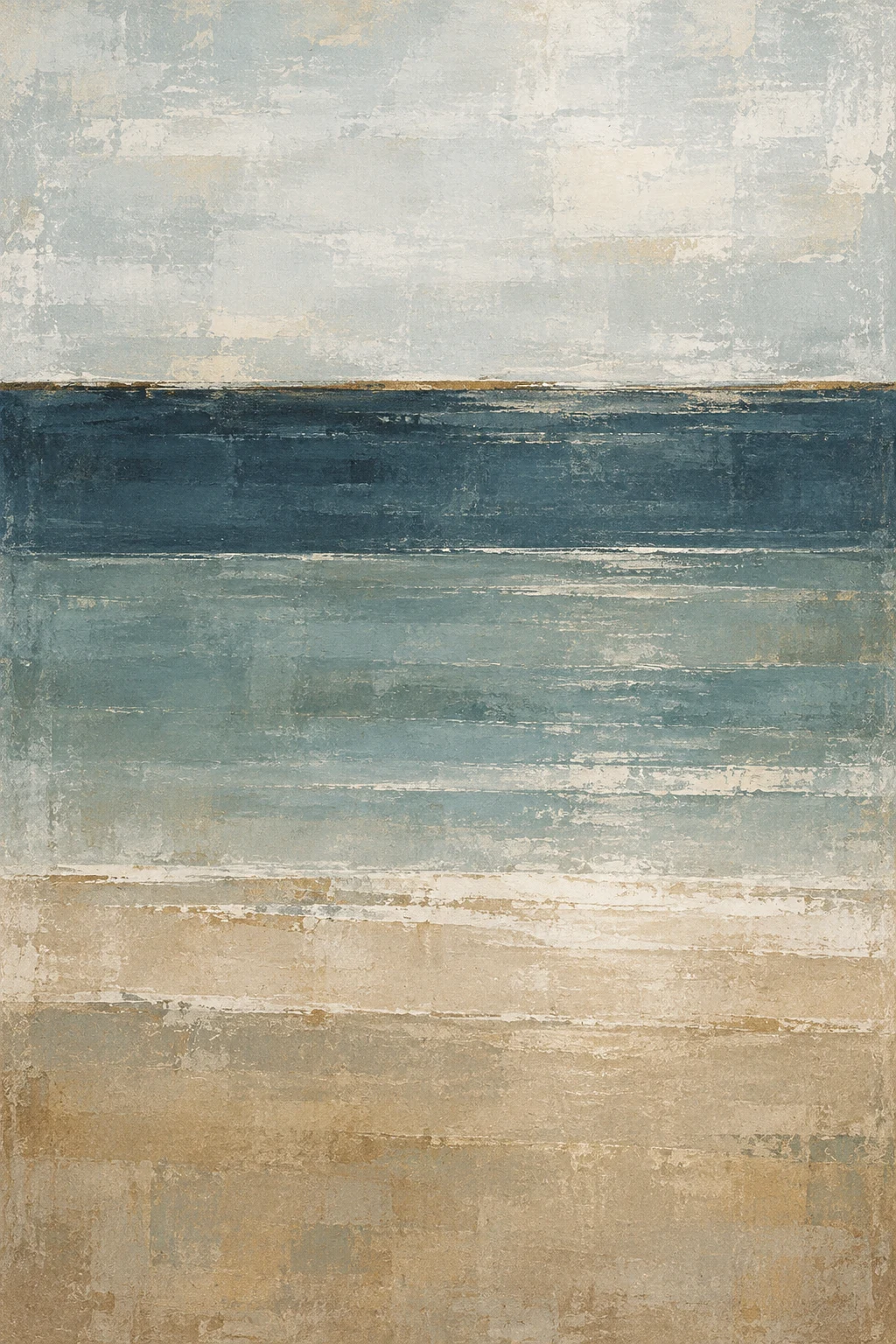 A still water surface as pure tonal bands in cream, sand, gray, stone; portrait artwork.