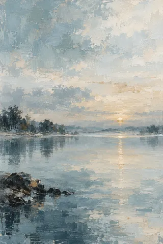 A lake at dusk, mirror still in stone, cream, gray, charcoal; portrait artwork.