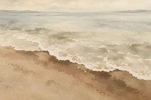 A shoreline foam line seen from above in sand, cream, stone, taupe; landscape artwork.