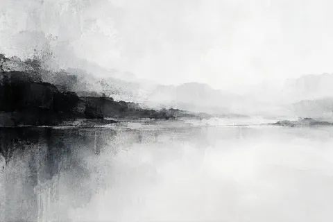Horizon bands dissolving into morning fog in white, cream, stone, black; landscape artwork.