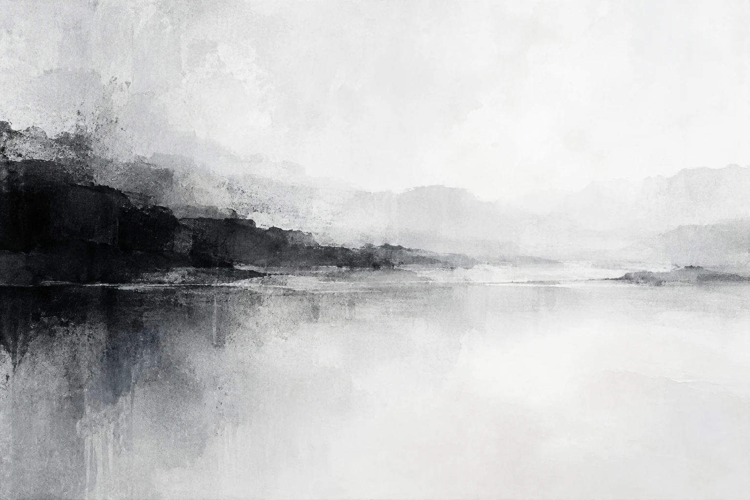 Horizon bands dissolving into morning fog in white, cream, stone, black; landscape artwork.