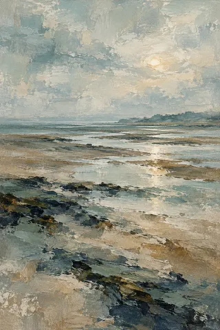 A tidal flat at low water in stone, gray, sage, charcoal; portrait artwork.
