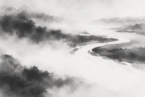 A river bend from above in cream, white, charcoal, gray; landscape artwork.