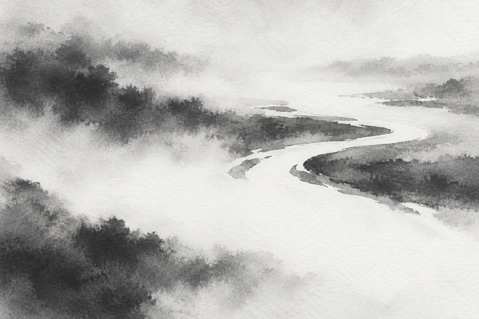 A river bend from above in cream, white, charcoal, gray; landscape artwork.