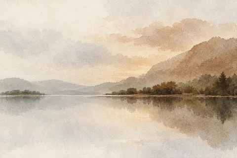 A lake at dusk, mirror still in cream, sand, stone, olive; landscape artwork.