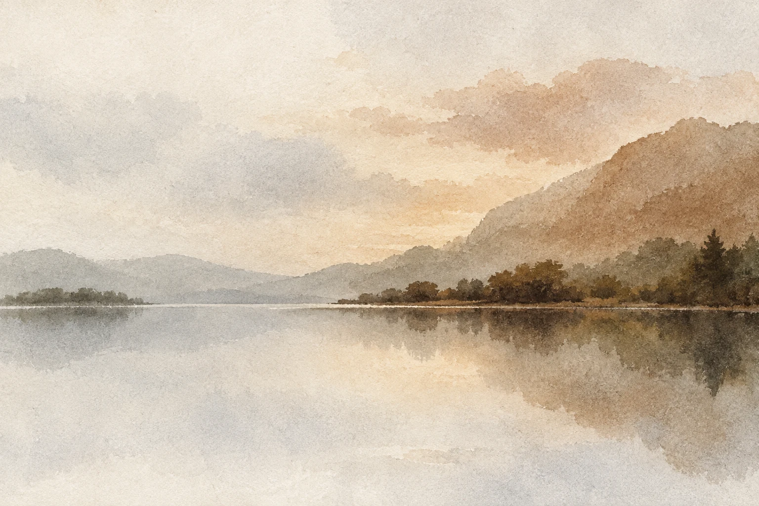 A lake at dusk, mirror still in cream, sand, stone, olive; landscape artwork.