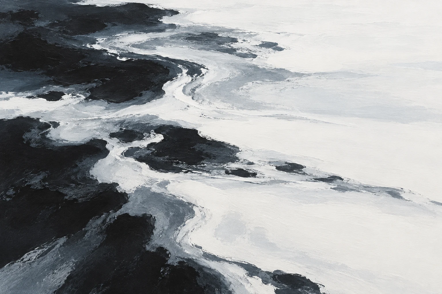 A tidal flat at low water in cream, black, white, stone; landscape artwork.