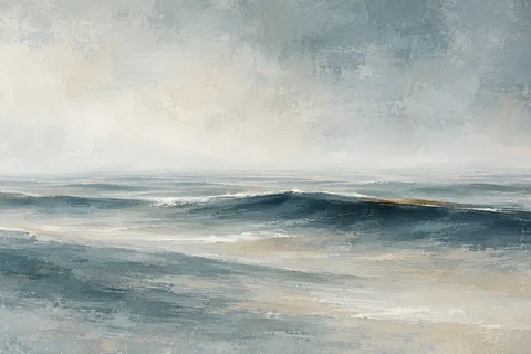 Long slow swells with no shore in stone, gray, cream, blue; landscape artwork.